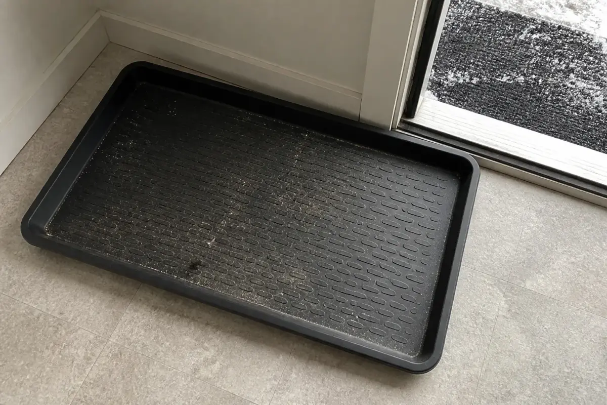 Boot tray at an Alaska entry after a house cleaning visit