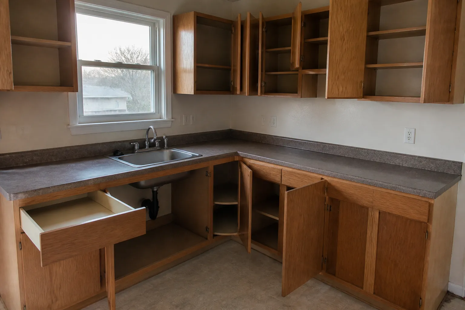 Empty kitchen cabinets after move-out cleaning in Fairbanks and Anchorage